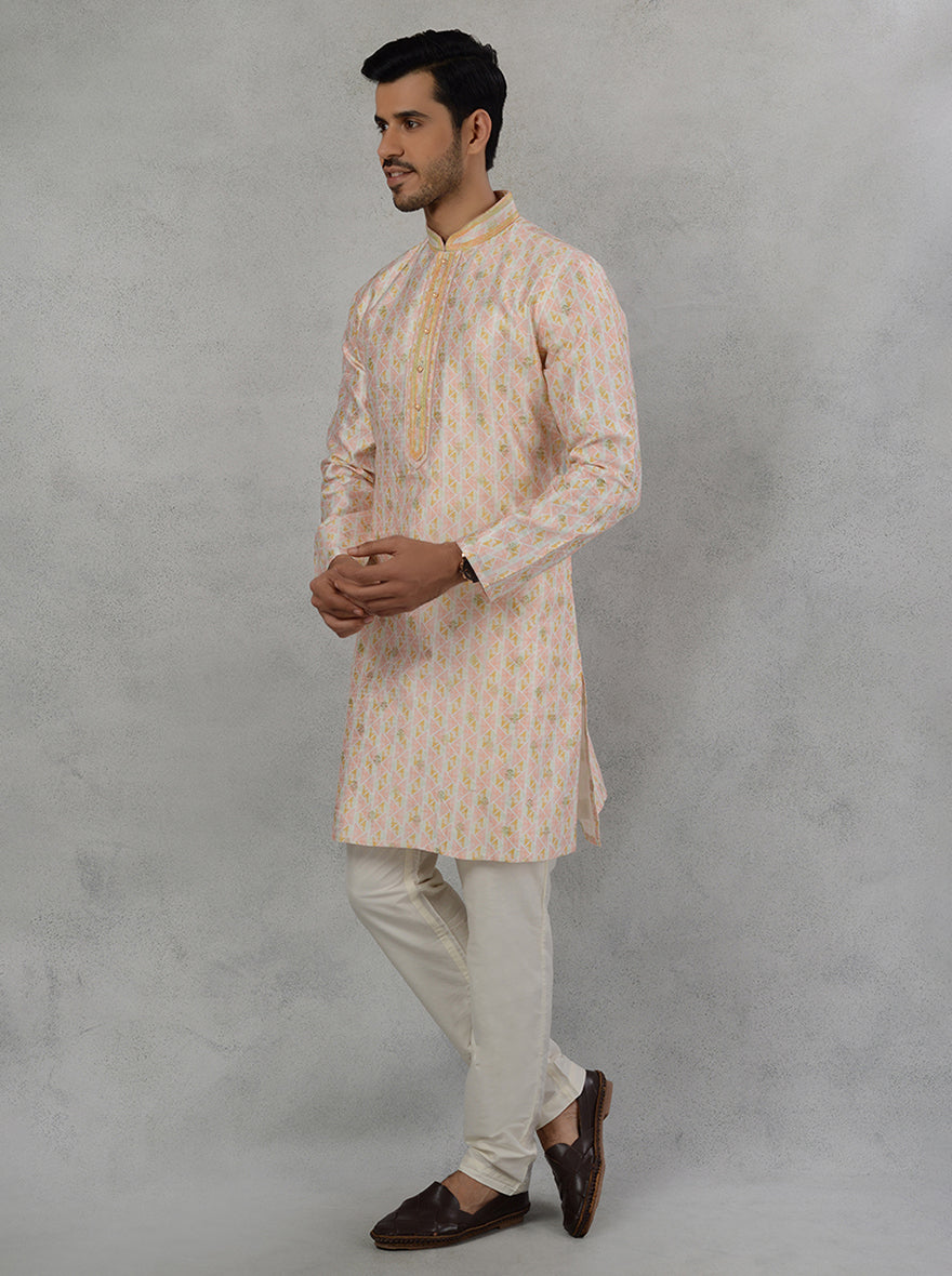 Classic cream silk blend kurta pajama with printed design for men