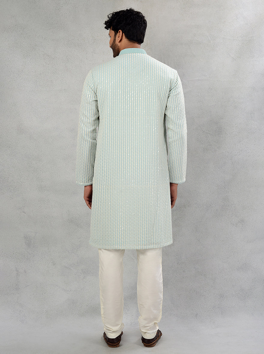 Resham and sequins embroidery on blue georgette kurta pajama for men