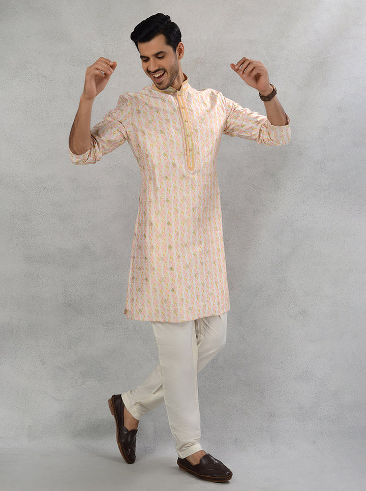 Silk blend cream kurta pajama with multi-printed design for men