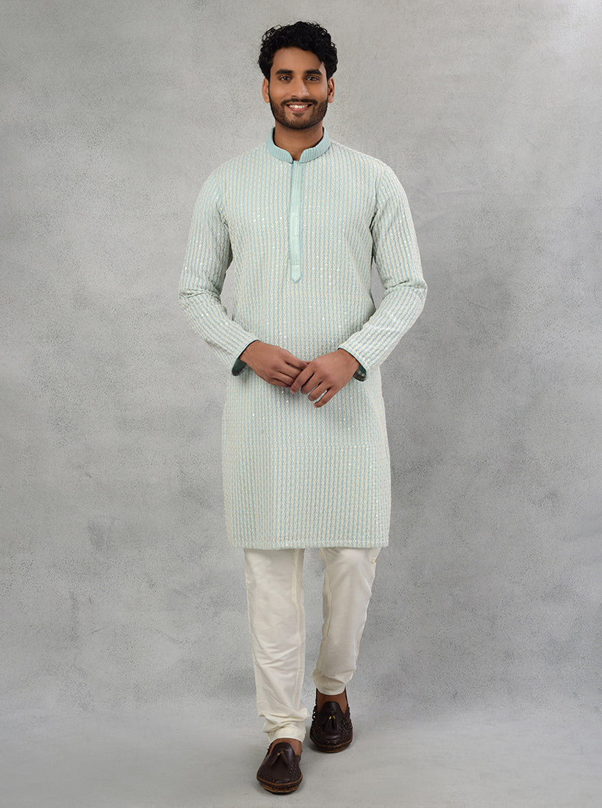 Men's blue georgette kurta pajama with resham embroidery for events