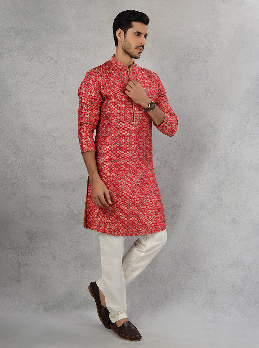 Men's Traditional Pink Gold Kurta Pajama for Wedding Functions