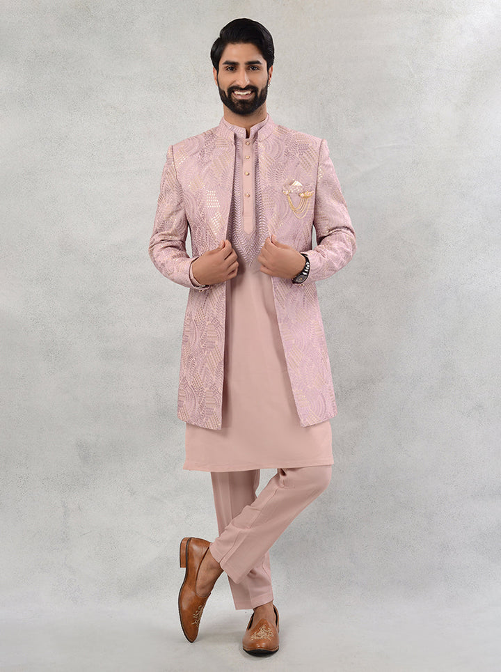 Make a statement at events with our stunning Pink Indo Western attire, designed for fashionable gentlemen in the USA.