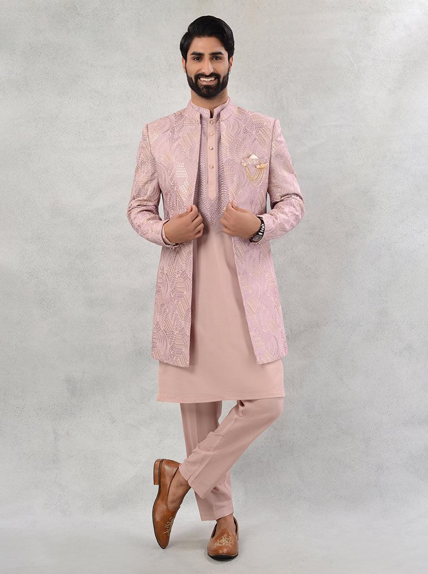 Make a statement at events with our stunning Pink Indo Western attire, designed for fashionable gentlemen in the USA.