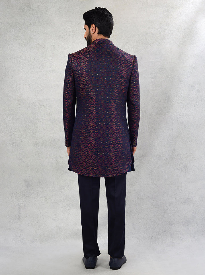 Capture attention with our exquisite Navy Blue and Maroon Gold Indo Western outfit, designed for modern gentlemen.