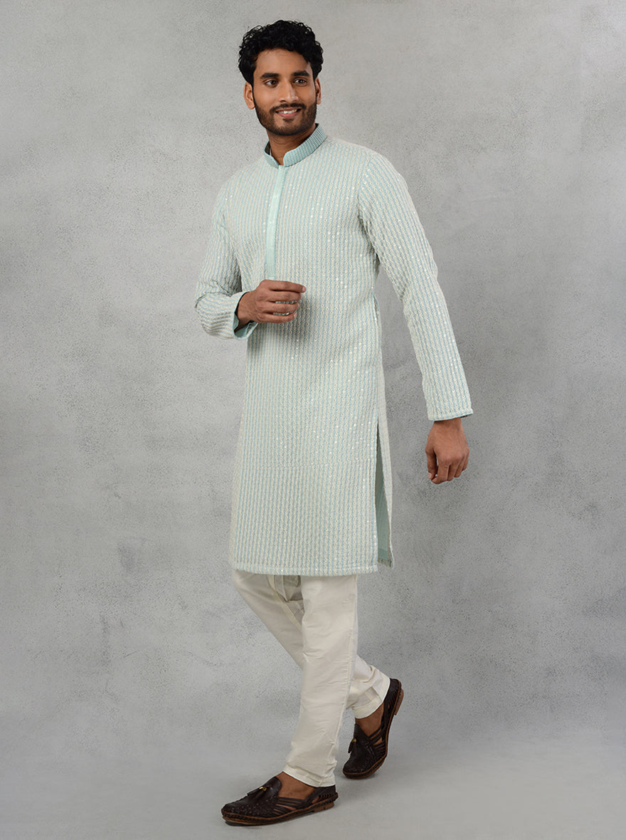 Elegant blue embroidered kurta pajama, ideal for pre-wedding events