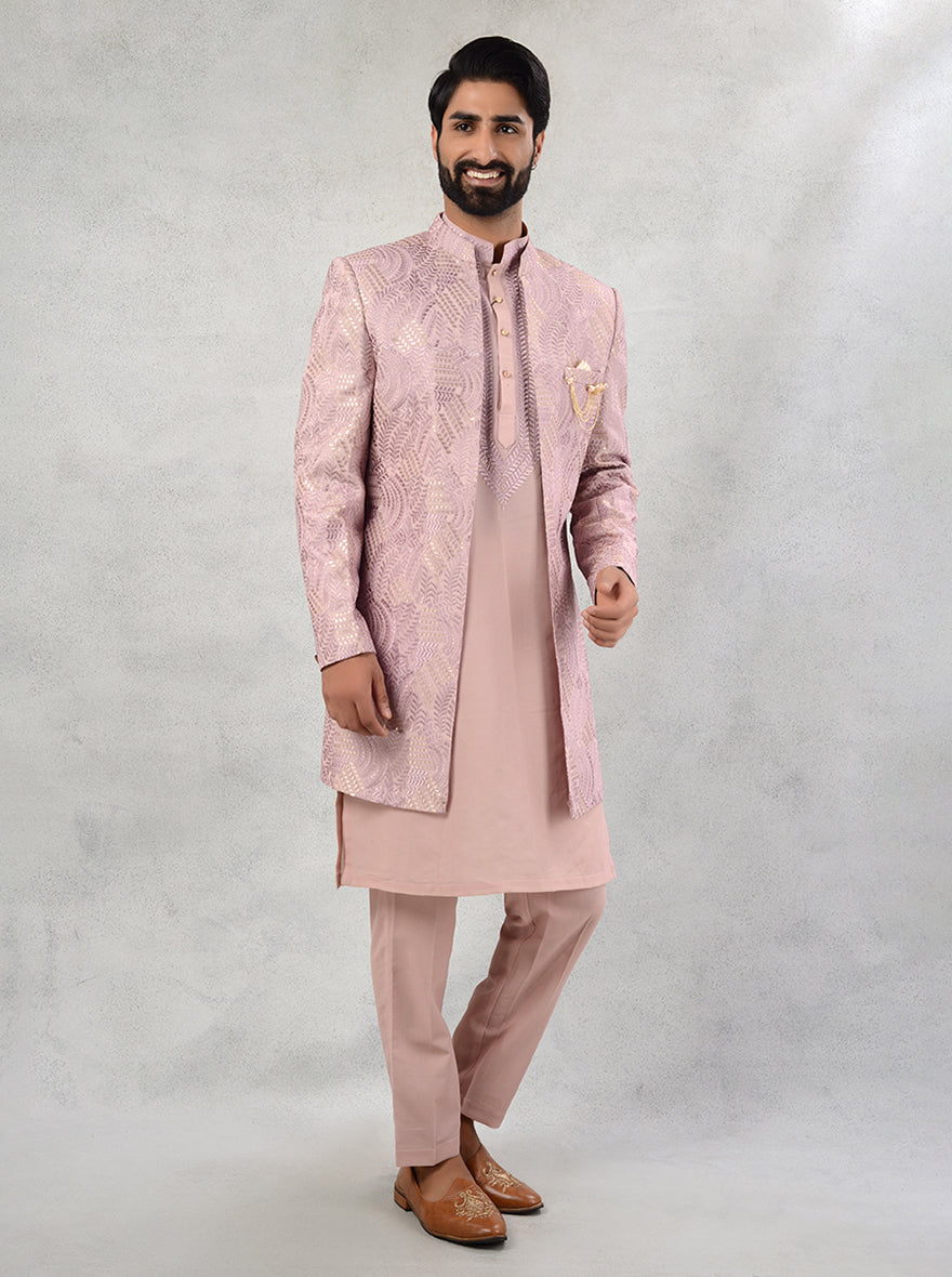 Front open pink indowestern for sangeet and engagement