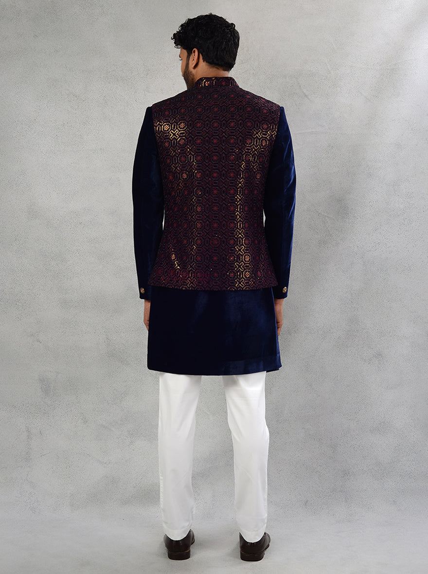 Experience the luxury of our Blue Velvet Indo Western attire, perfect for upscale celebrations in the USA.