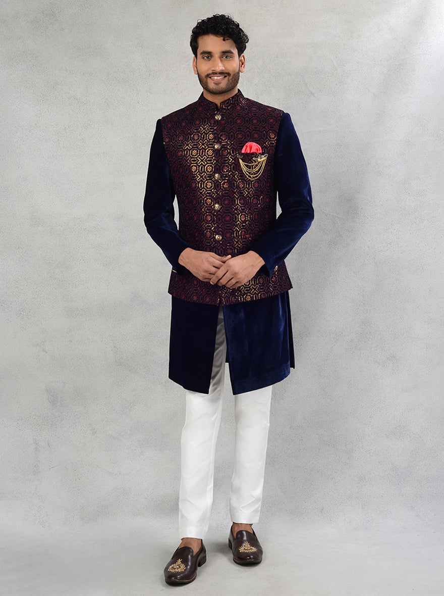 Discover our Blue Velvet Indo Western outfit for men, blending Indian elegance with modern style for special occasions.