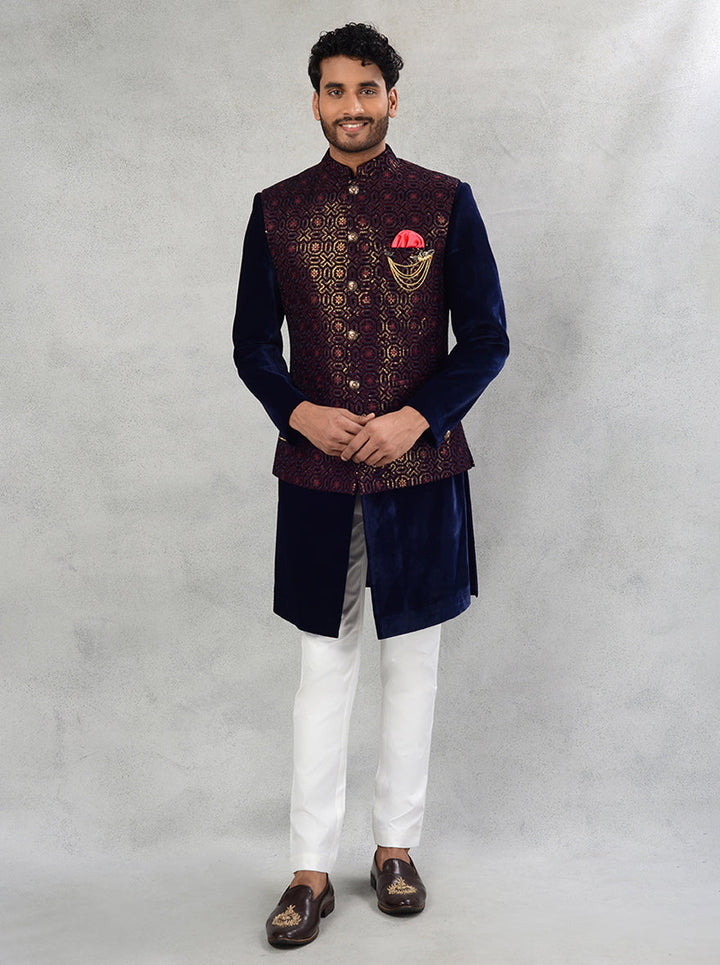 Blue velvet indowestern with resham and sequins for men’s sangeet