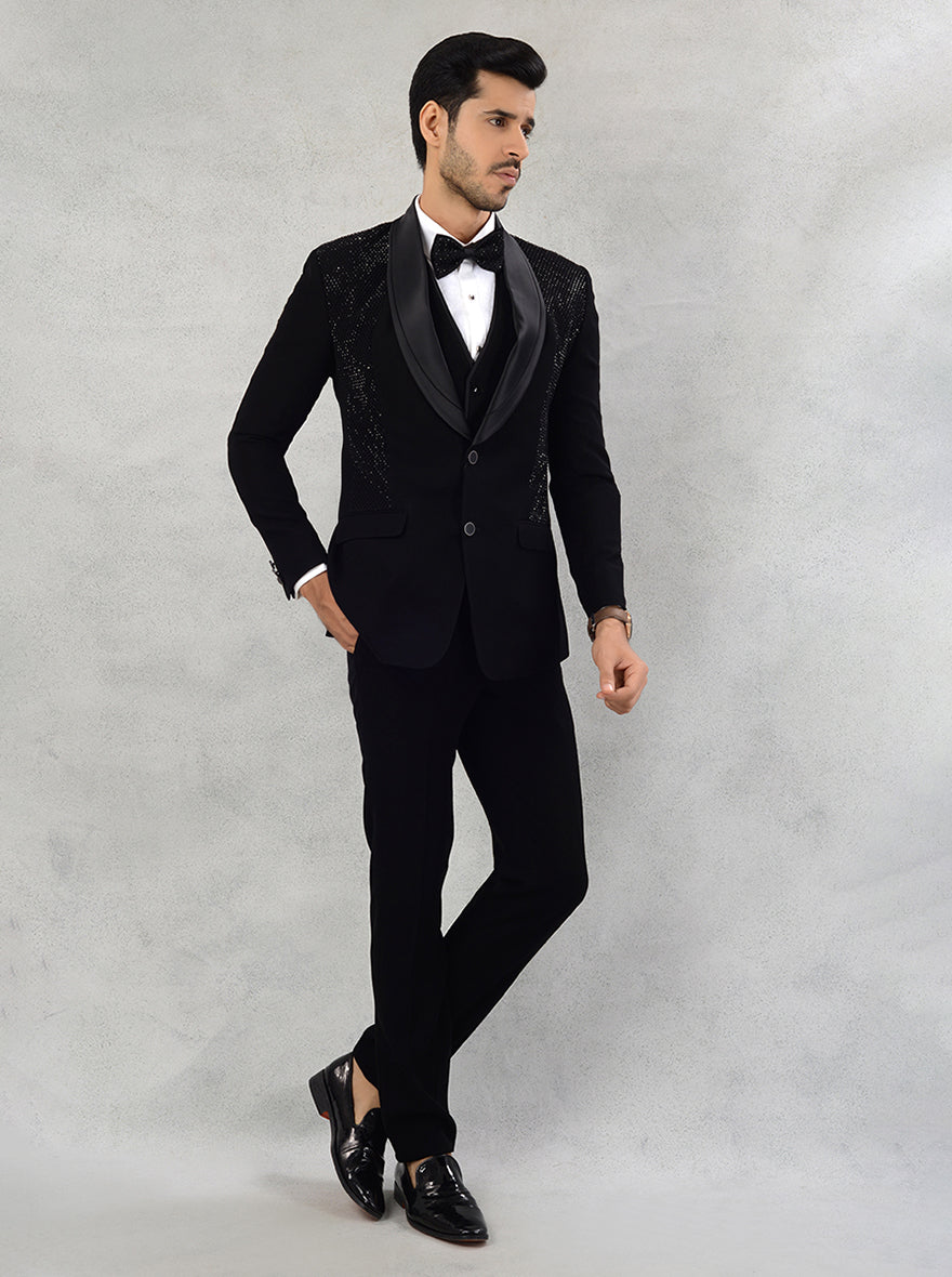 Designer black suit with elegant embroidery and a comfortable straight cut, tailored for reception and musical night events.