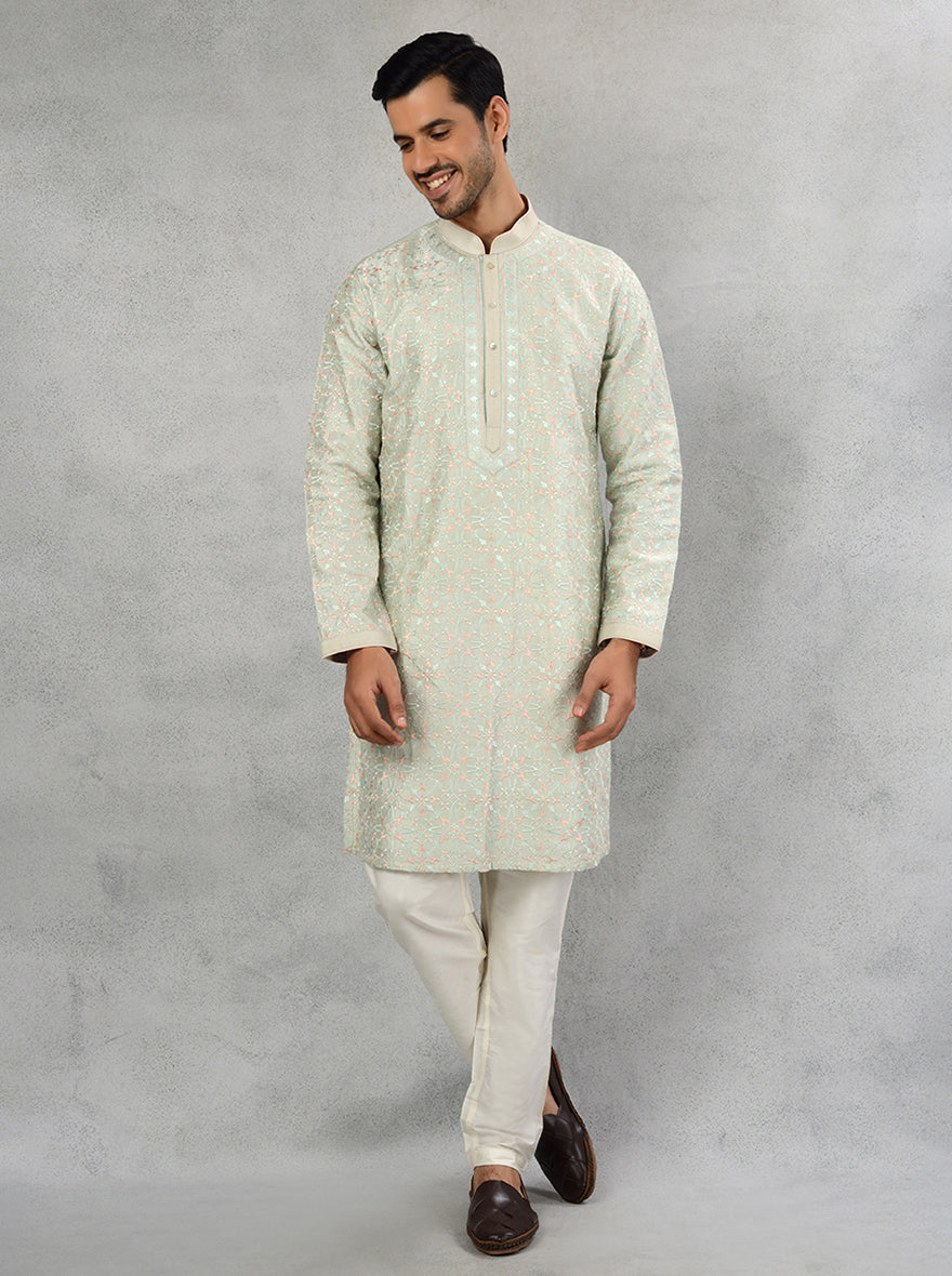 Elegant mint green kurta pajama with resham embroidery for mehndi