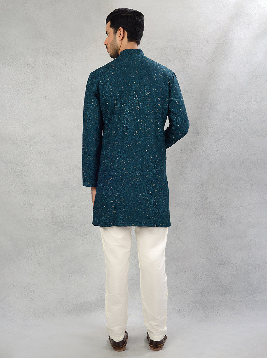 Resham embroidered deep teal blue kurta pajama for sangeet