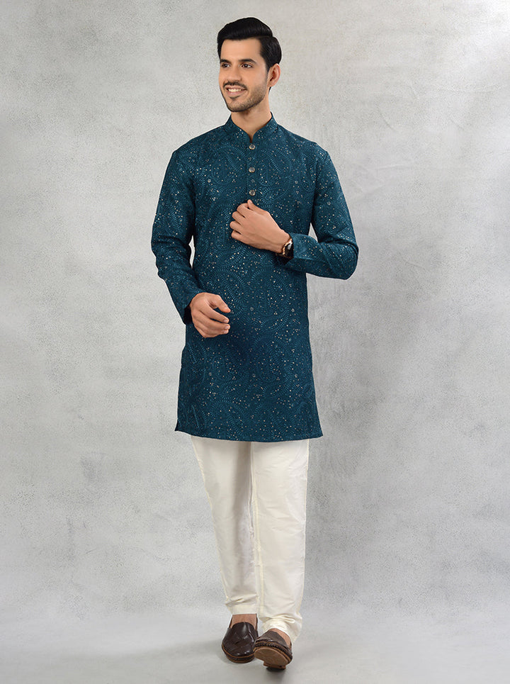 Men's deep teal blue kurta pajama with resham embroidery