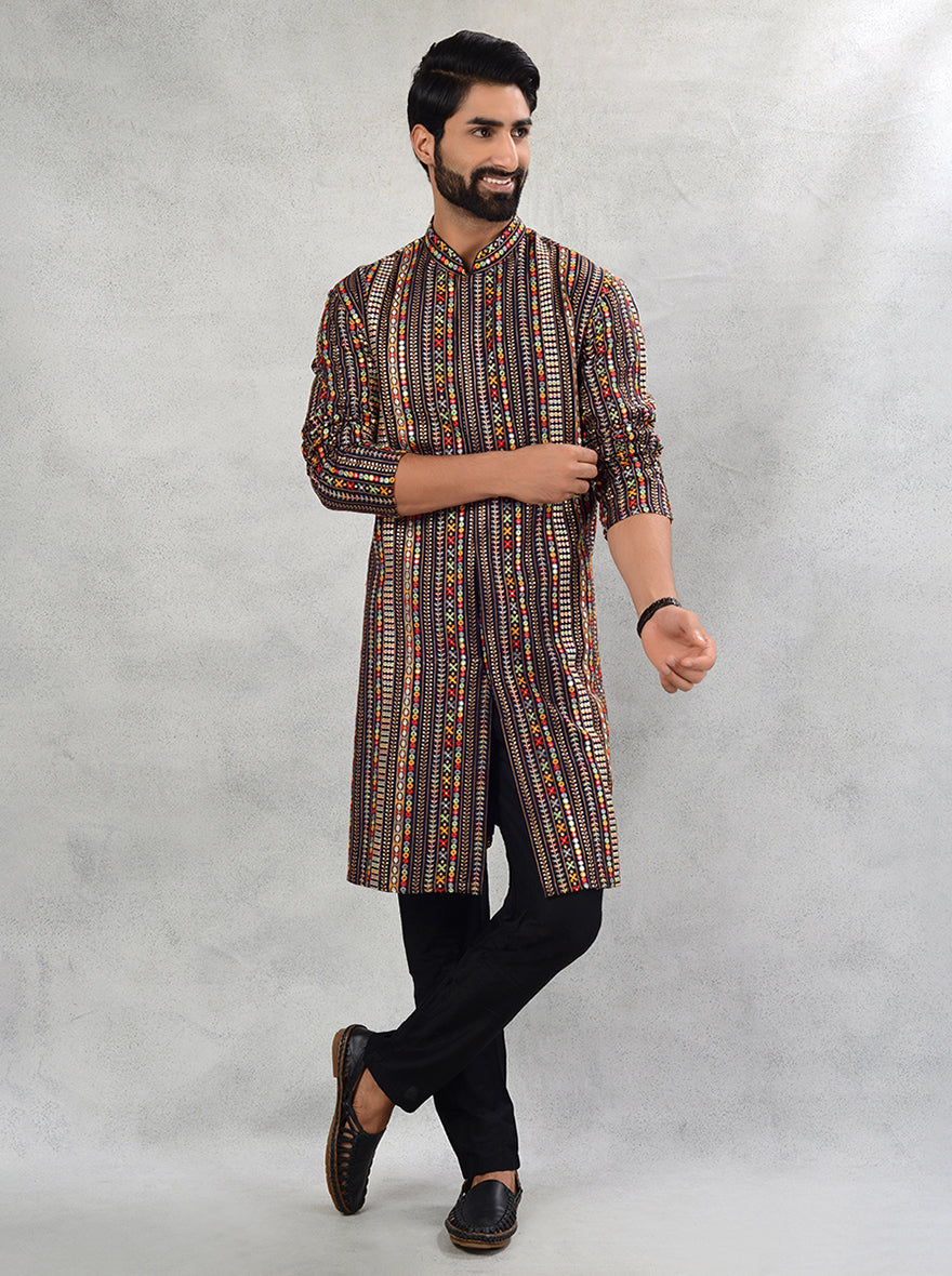 Men's blue multi silk kurta pajama with resham and sequins embroidery