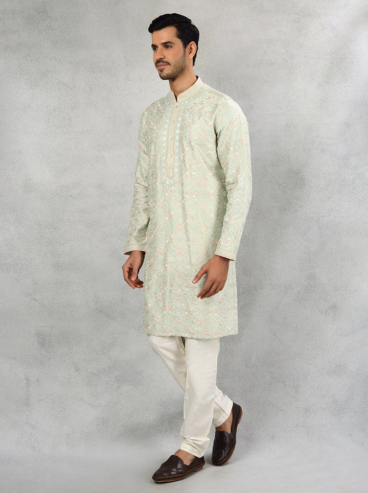 Stylish mint green kurta pajama with classic straight cut for mehndi