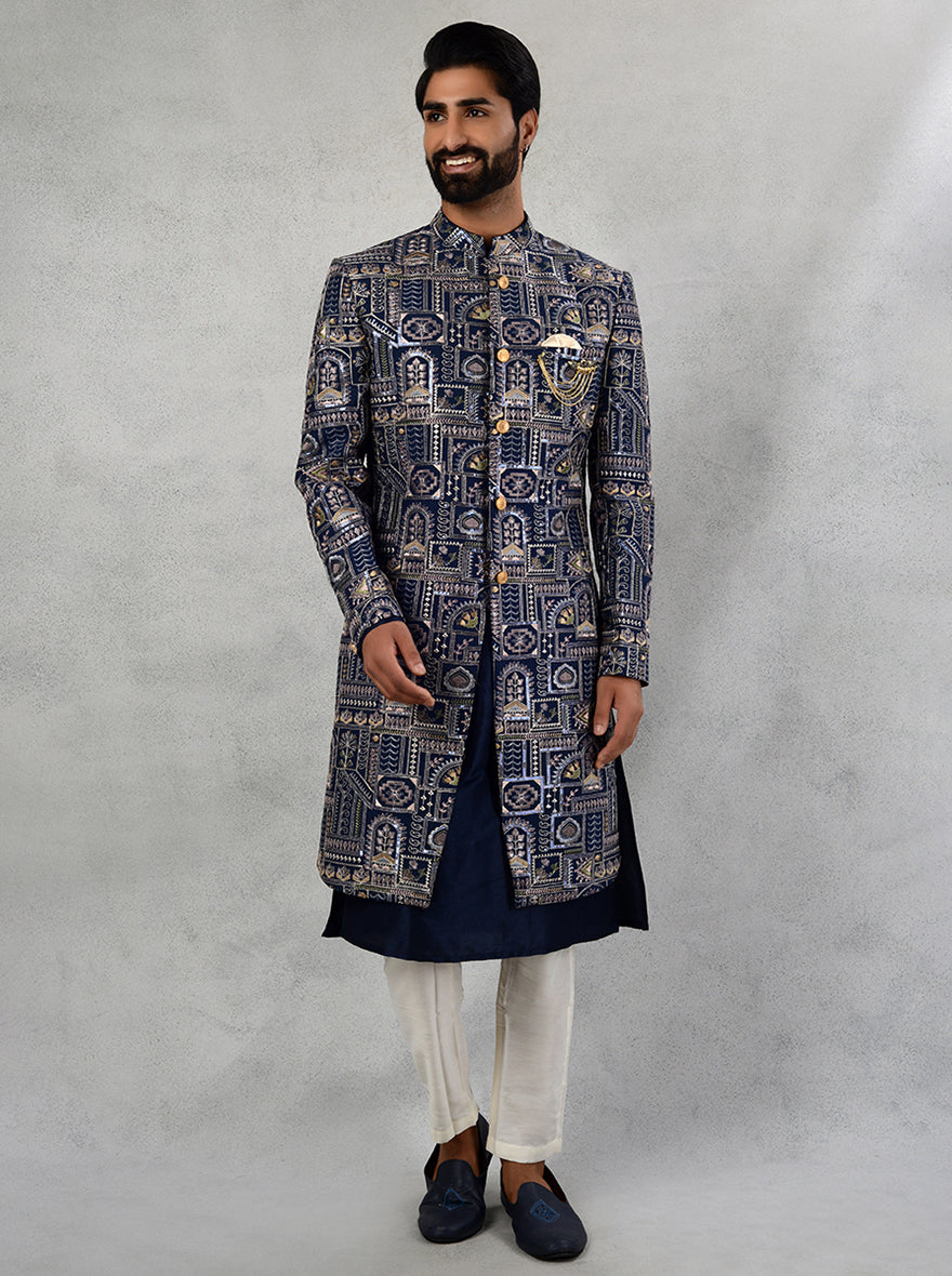 Deep blue embroidered silk blend indowestern for friend’s sangeet