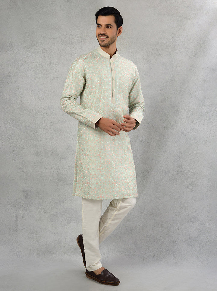 Men's mint green silk blend kurta pajama for mehndi and festive wear