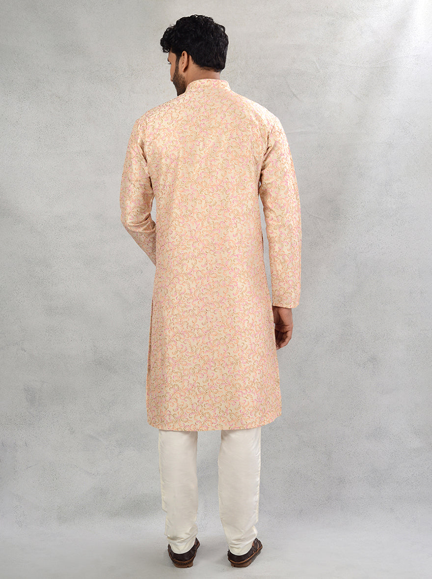 Beige Kurta Pajama Set with Resham and Sequin Embroidery