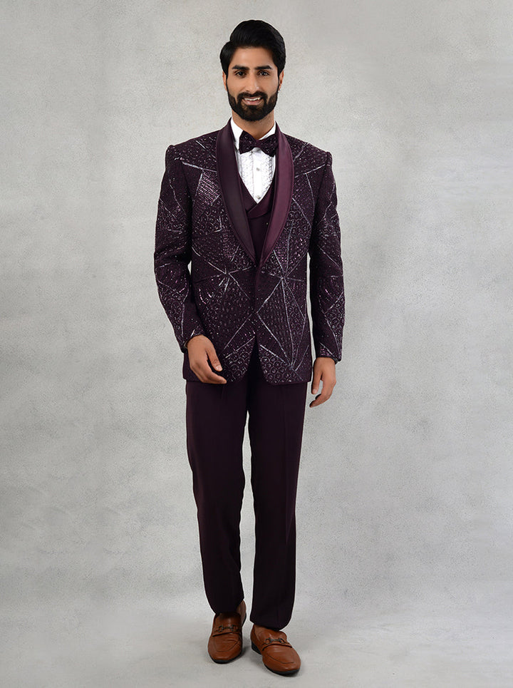 Stylish wine tuxedo, ideal for weddings and formal wear, combining timeless design with modern elegance.