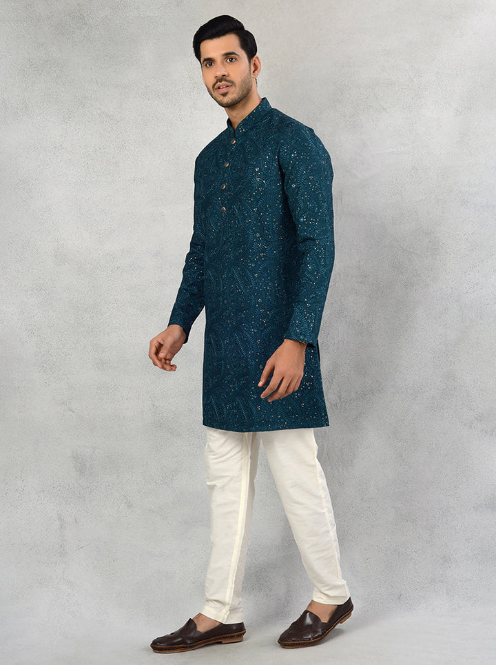 Silk blend deep teal blue kurta pajama with sequins for sangeet