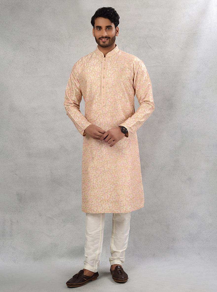 Men’s Embroidered Beige Kurta Pajama in Silk Blend