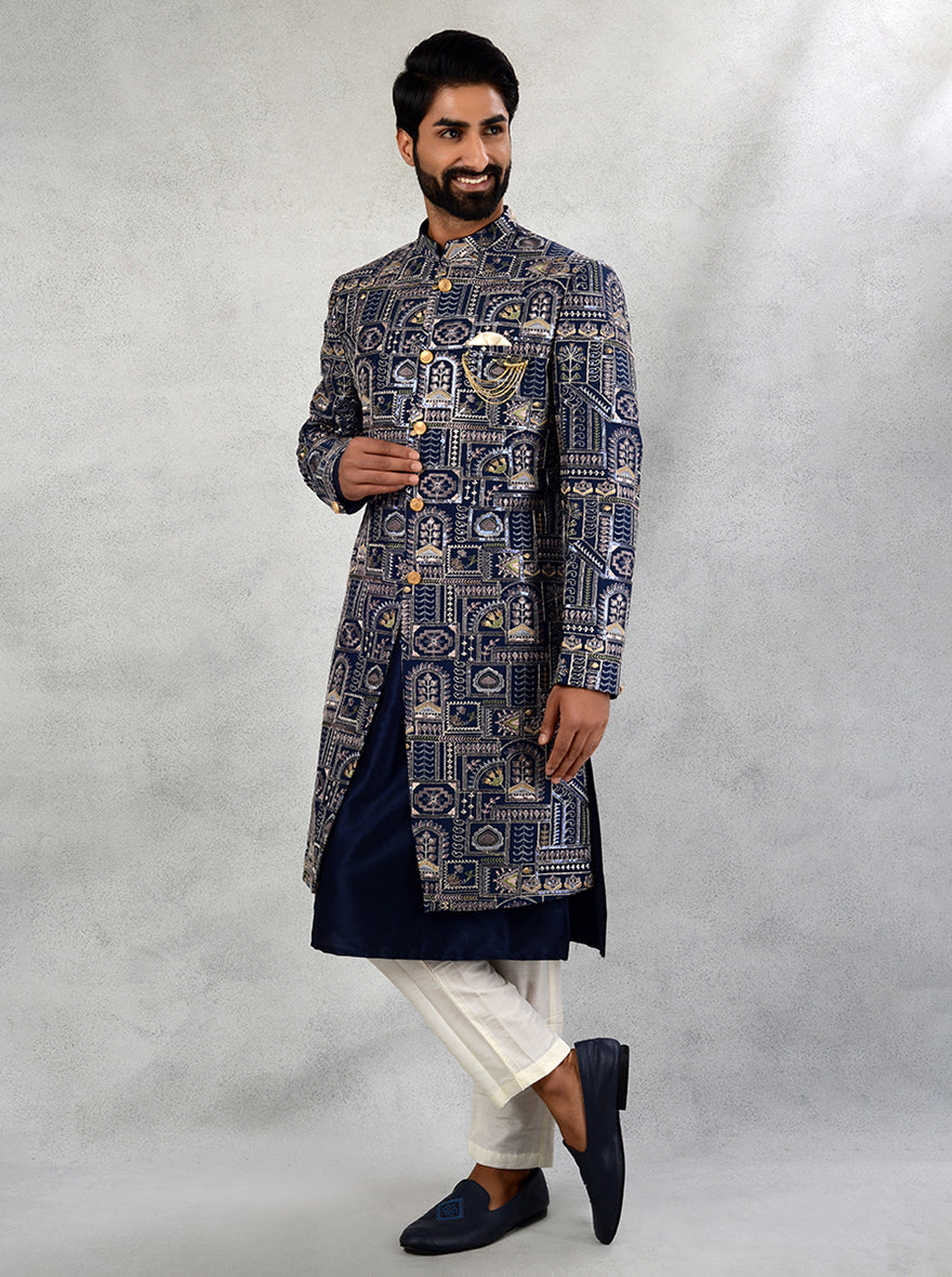 Resham and sequins detailed silk blend indowestern for men