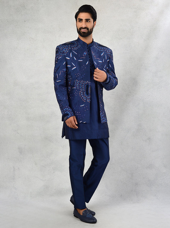 Stylish blue indowestern with front open design and straight cut for men