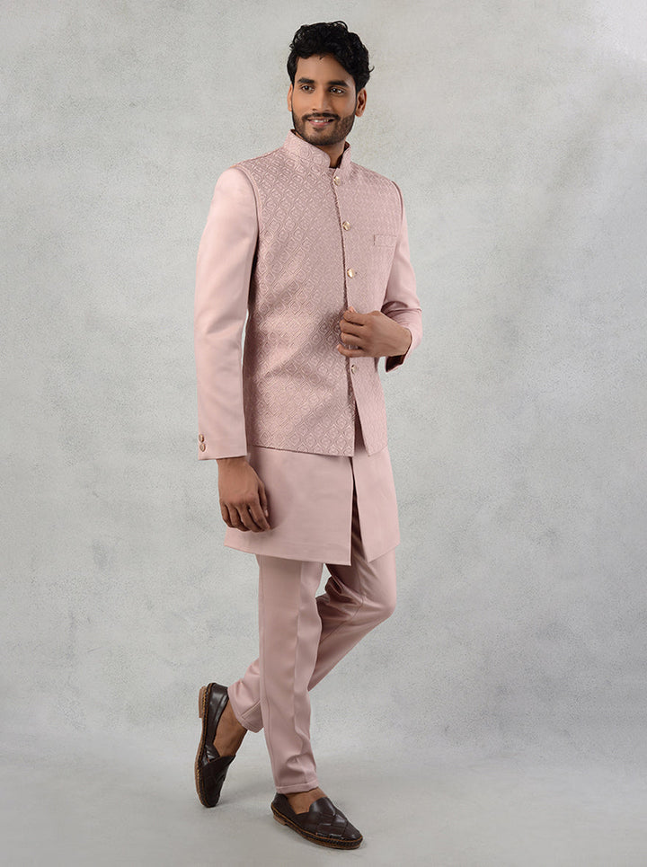 Embroidered onion pink kurta set with koti, ideal for engagement events