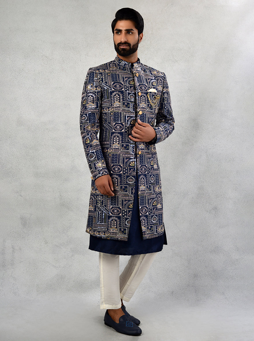 Stylish deep blue silk blend indowestern for festive occasions