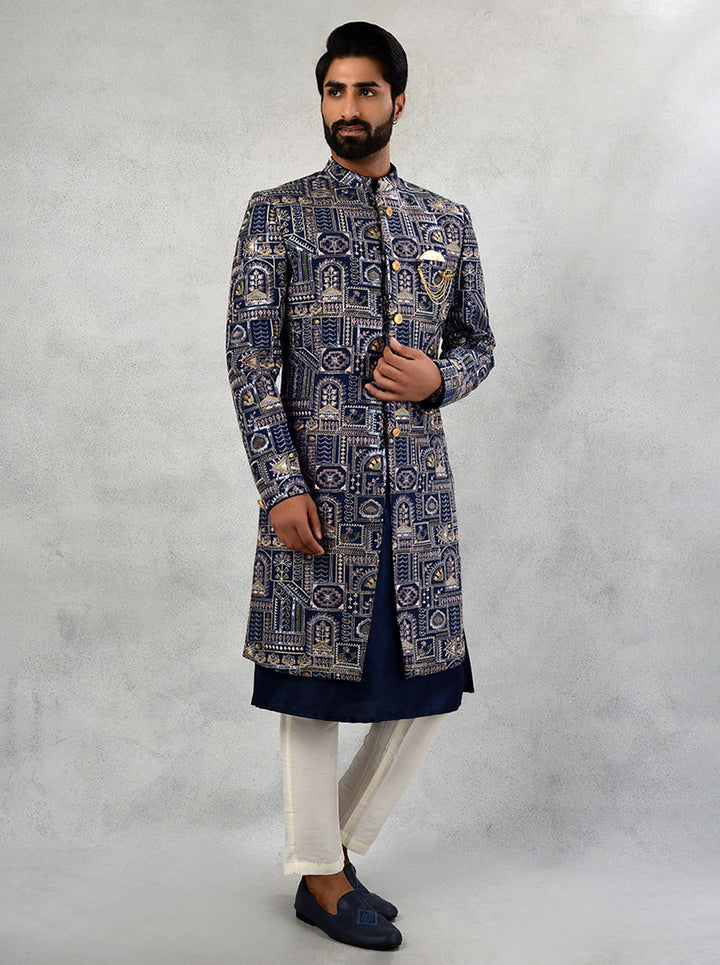 Stylish deep blue silk blend indowestern for festive occasions