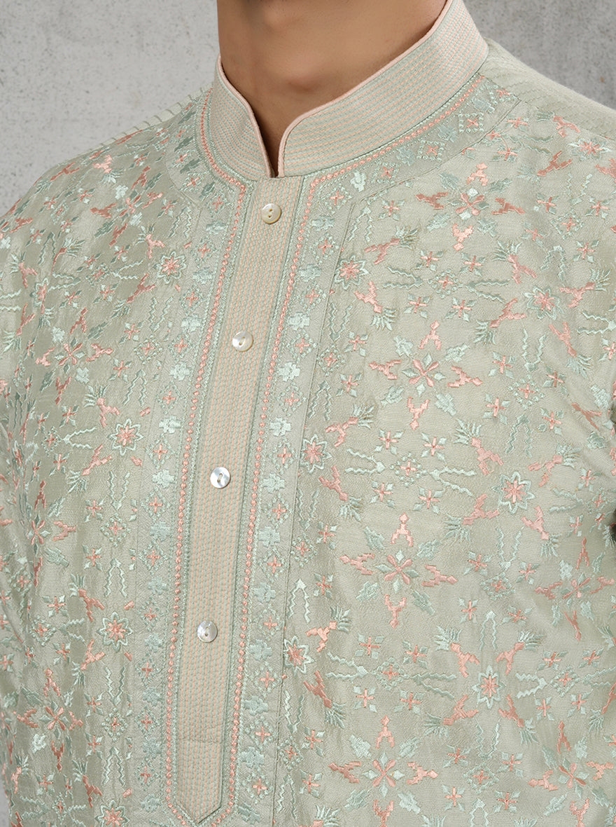 Men's ethnic wear mint green silk kurta pajama with embroidery