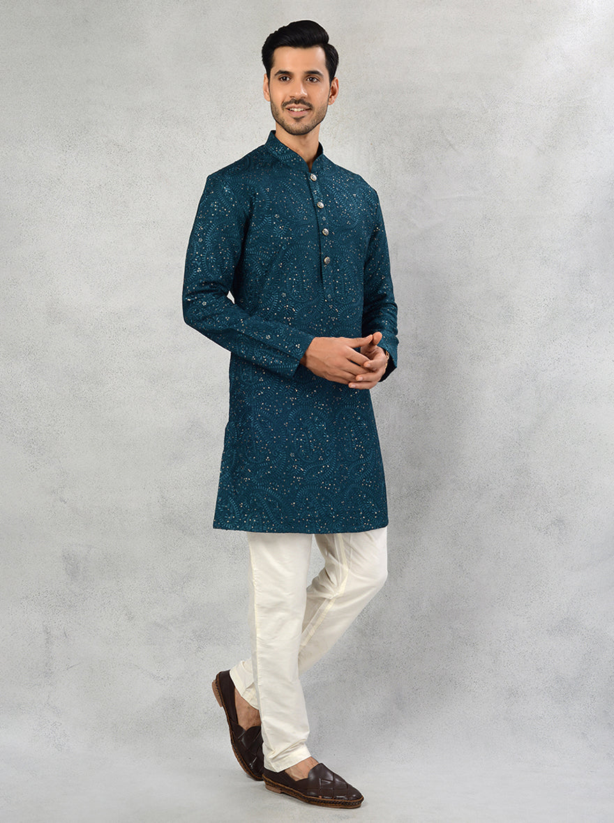 Men's sangeet kurta pajama in deep teal blue with embroidery