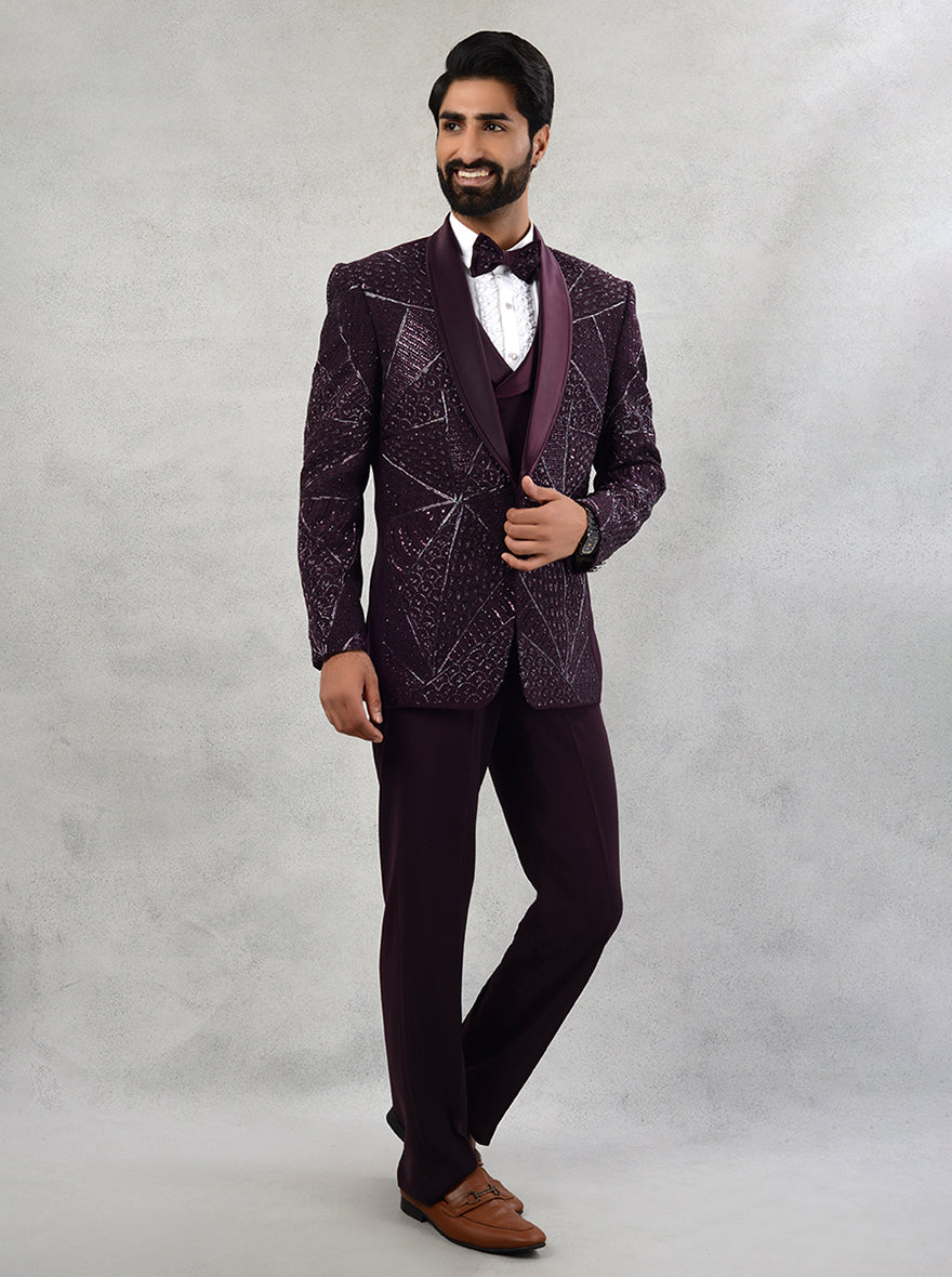 Wine tuxedo crafted for sophistication, perfect for making a statement at weddings and special occasions.