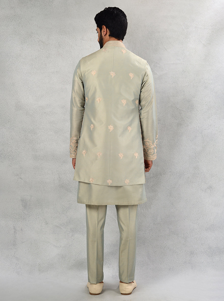 Embrace modern elegance with our Pista Green Indo Western outfit, perfect for stylish gatherings in the USA.