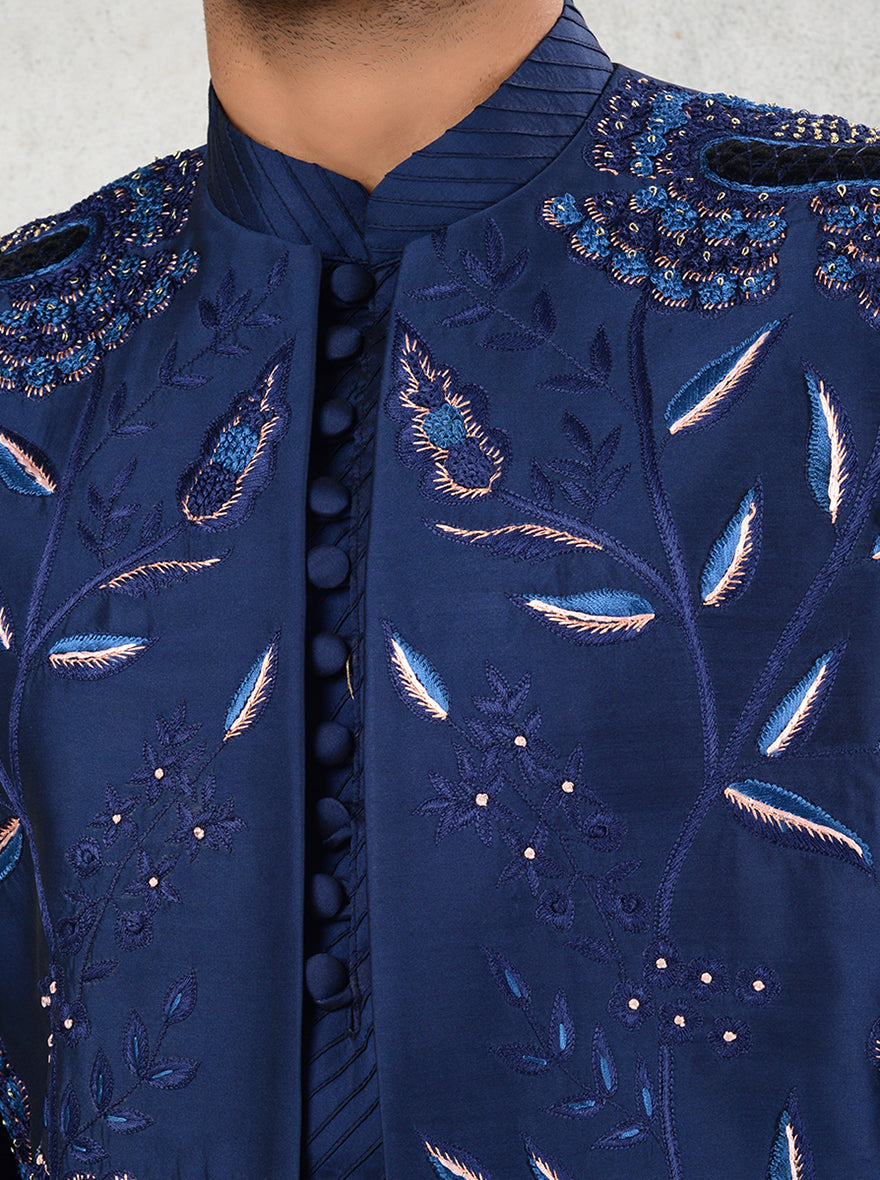 Blue silk blend indowestern with resham and sequins detailing for sangeet