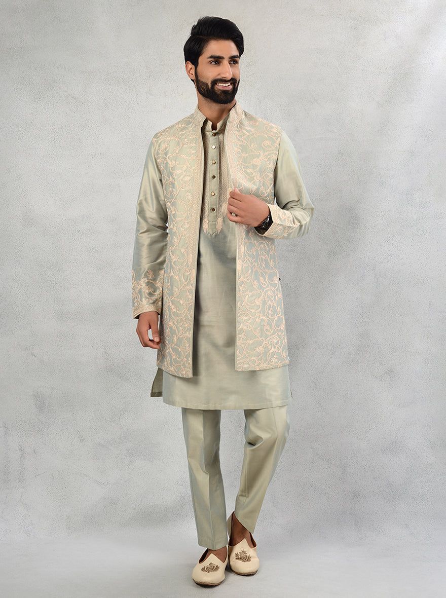 Pista green embroidered indowestern for men with resham work