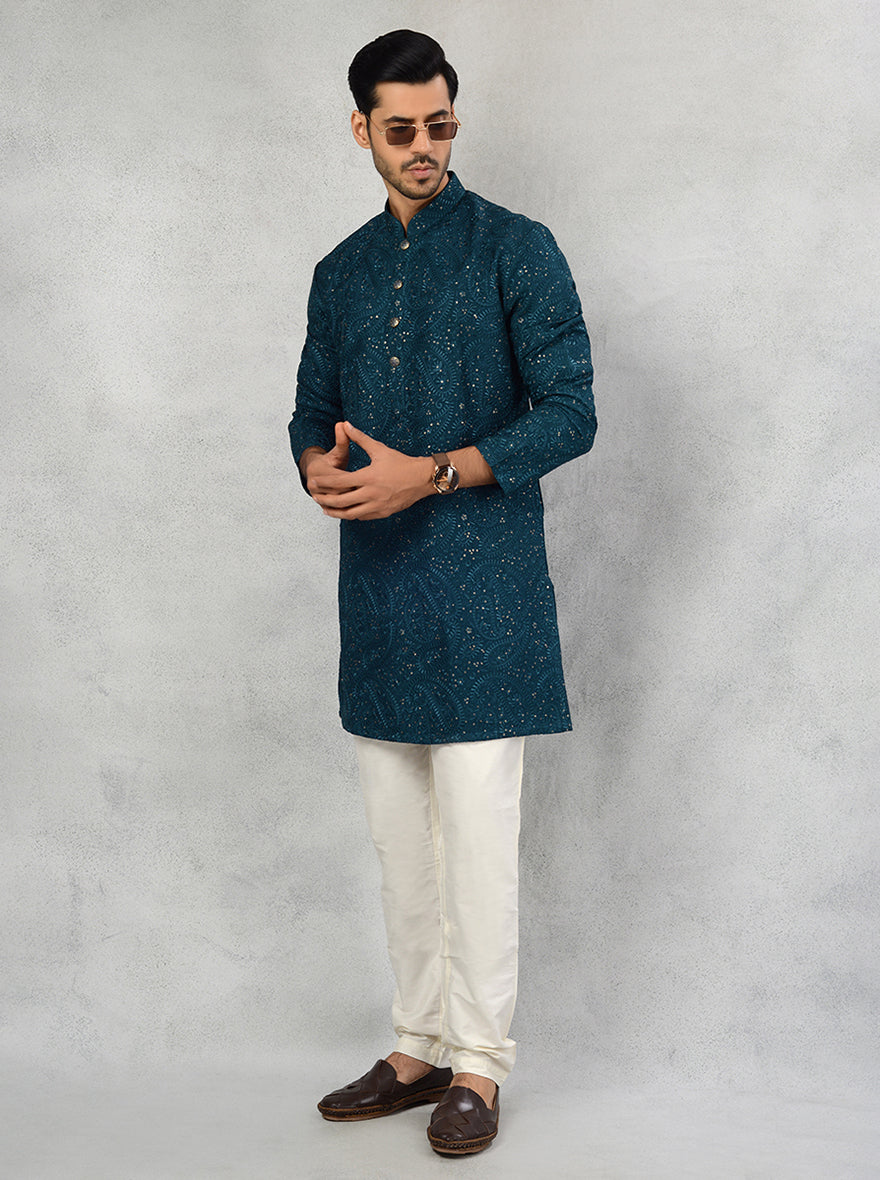 Elegant deep teal blue silk blend kurta pajama for ethnic wear