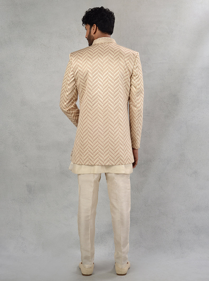 Elevate your style with luxurious Beige Indo Western outfits, ideal for upscale wedding events in the USA.