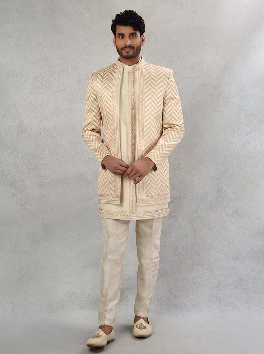 Experience sophistication with our Beige Silk Blend Indo Western attire, tailored for modern men in the USA.