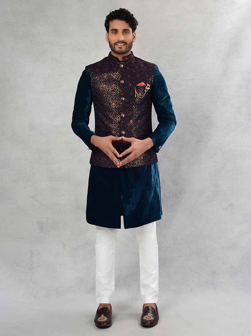 Sophisticated greenish blue silk kurta set, ideal for traditional occasions in the USA.