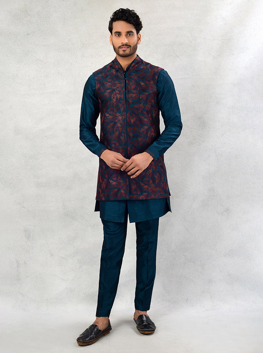 Men's ethnic teal blue kurta set with resham embroidery and koti