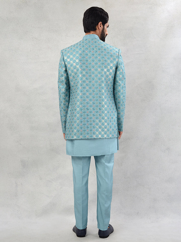 Make a statement in our luxurious Marine Green Indo Western designs, tailored for the fashion-conscious gentleman.