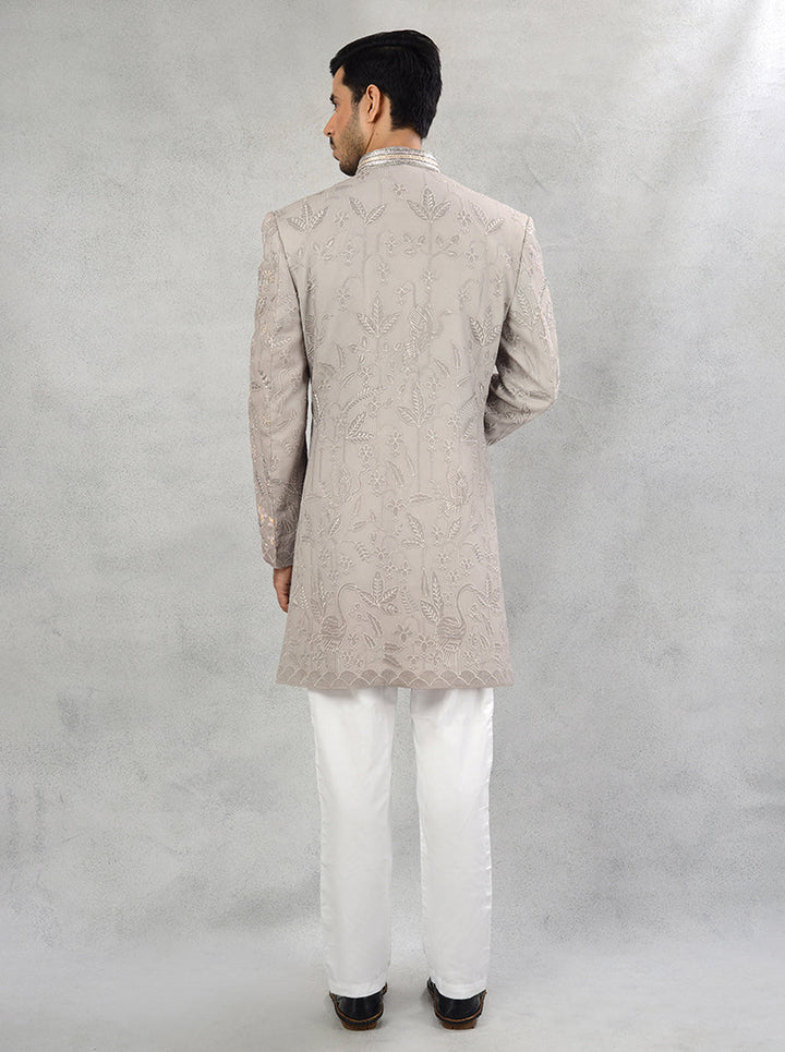 Elegant grey silk blend indowestern with front open and straight cut