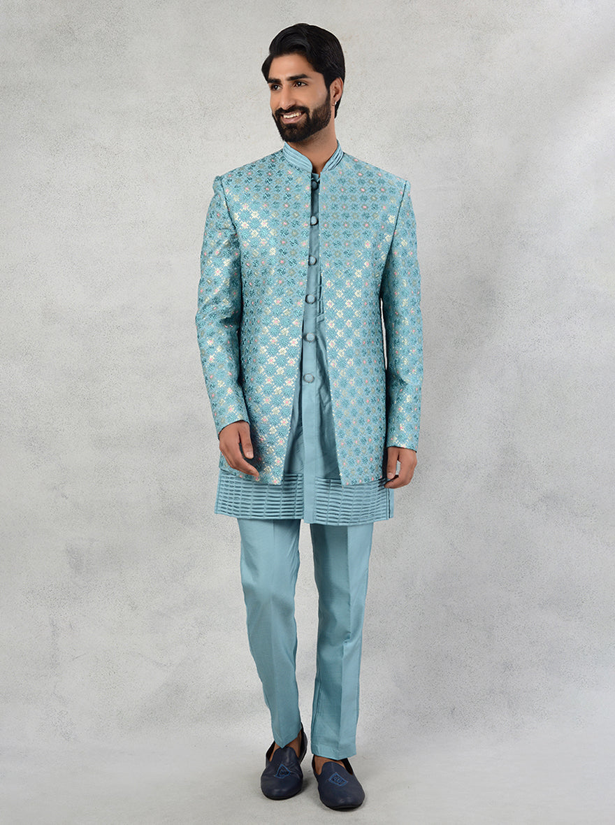 Elevate your style with exclusive Marine Green Indo Western outfits, blending tradition and modern fashion for men.