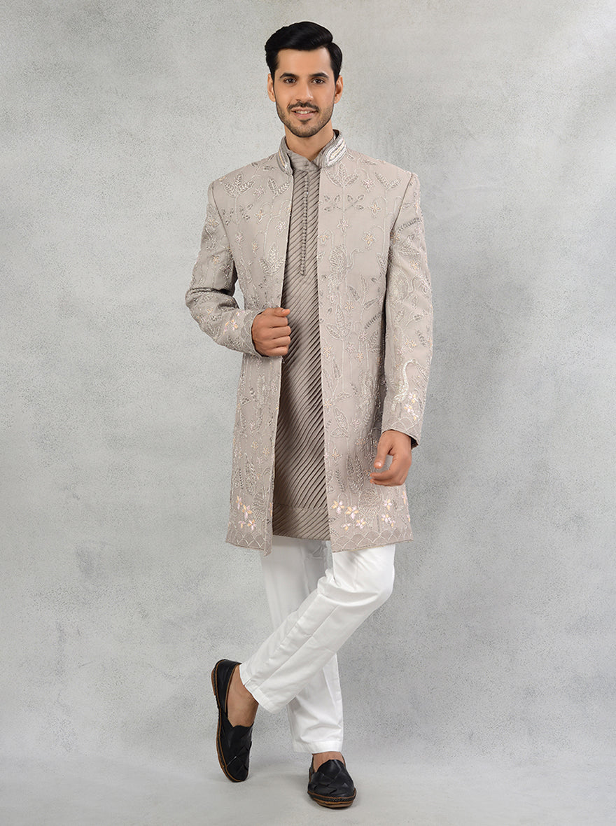 Grey silk blend embroidered indowestern for men with resham work