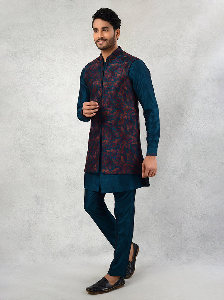 Elegant teal silk blend kurta set with intricate resham work for men