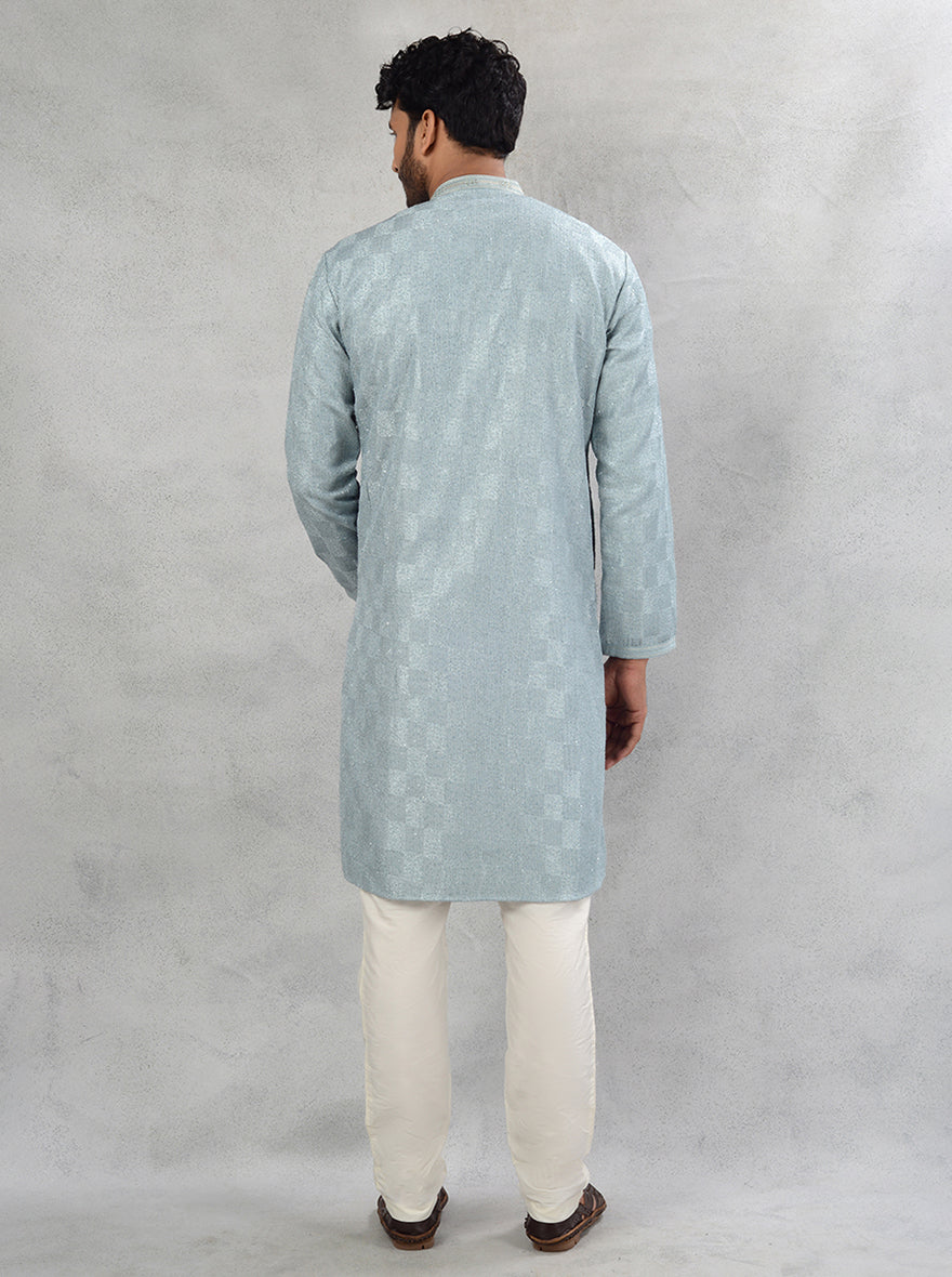 Silk blend powder grey embroidered kurta pajama with straight cut