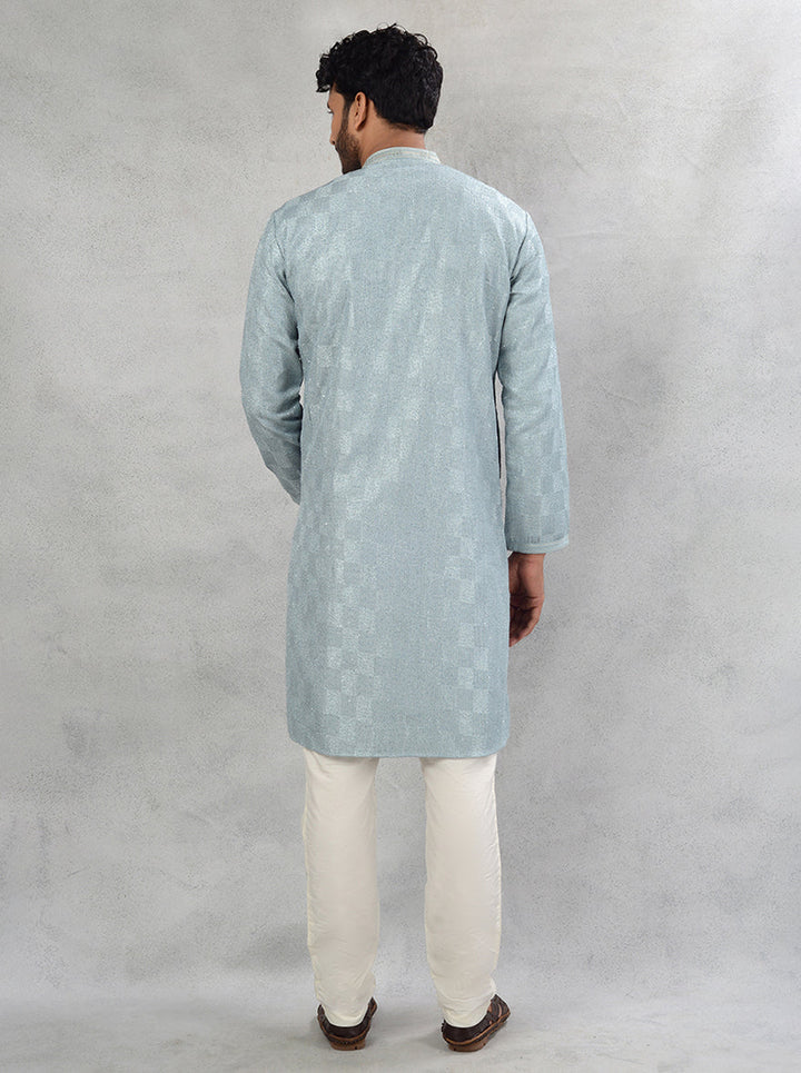 Silk blend powder grey embroidered kurta pajama with straight cut