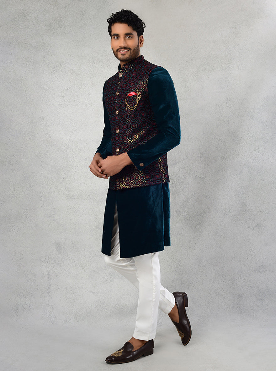 Embroidered Greenish Blue Kurta Pajama Set with Koti