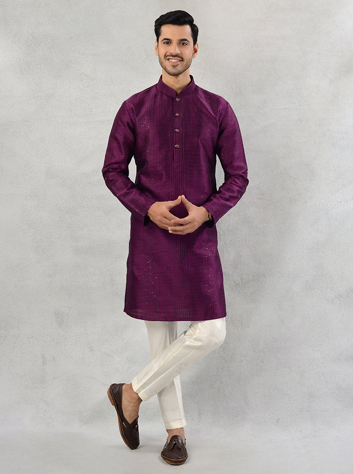 Celebrate in luxury with this silk blend purple kurta pajama, ideal for enhancing your festive wardrobe in the USA.